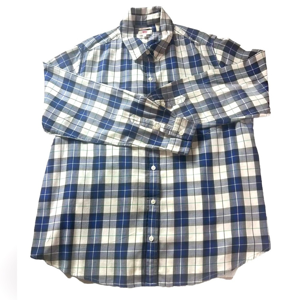 Levi's Womens Boyfriend Fit Plaid Long Sleeve Button Up Shirt Large Blue Cotton